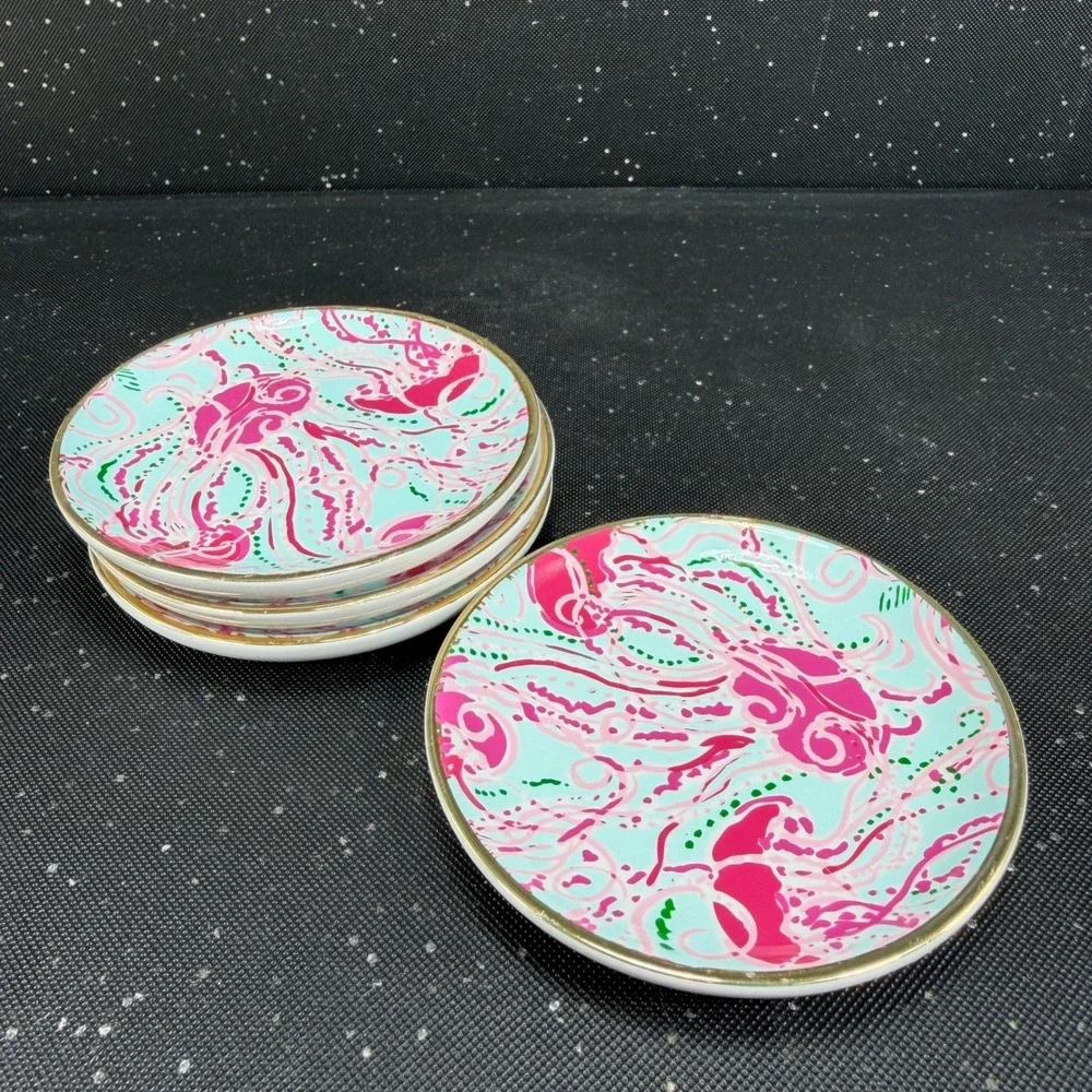 Lilly Pulitzer Ceramic Trinket Dish Set 4 Pink Blue Floral Gold Rim 4 Inch